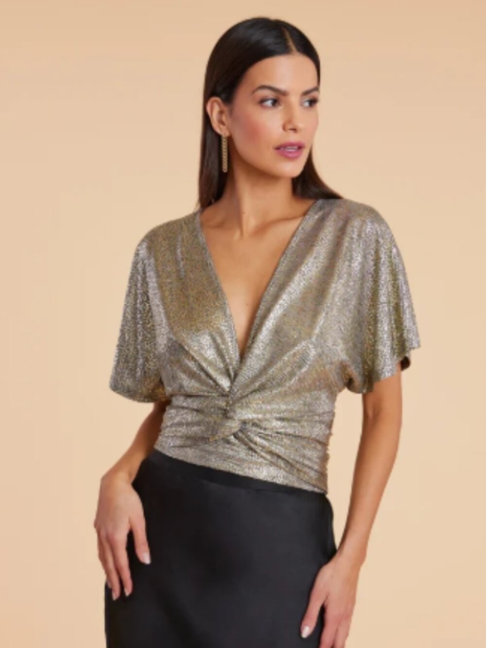 Bishop + Young Metallic Twist Top in Gold, Size Large